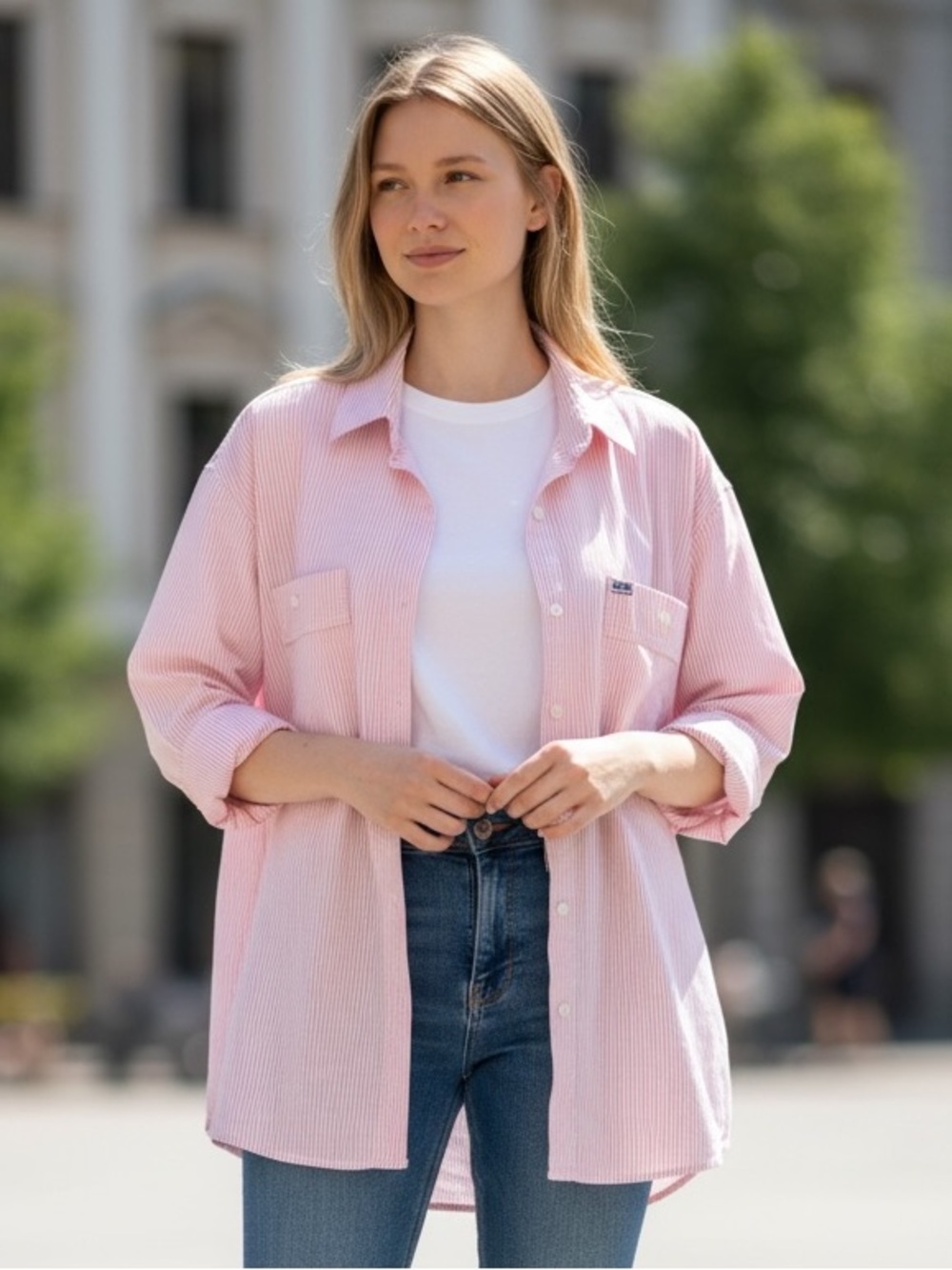 Women's Light Pink Striped Button-Down Shirt